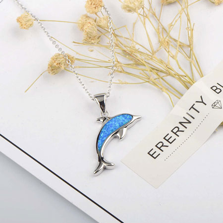 Sterling Silver Dolphin Pendant Necklace with Blue Opal